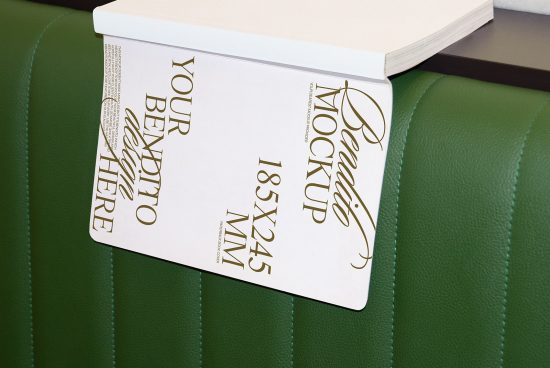 Elegant magazine mockup on green leather surface, ideal for showcasing design layouts and fonts, perfect for designers' portfolios.