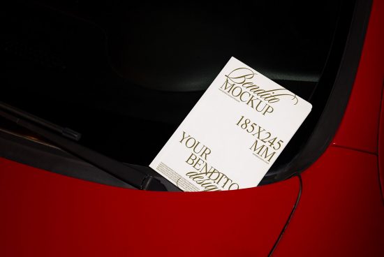 Business card mockup with gold text design on red car hood, showcasing elegant branding presentation for designers.