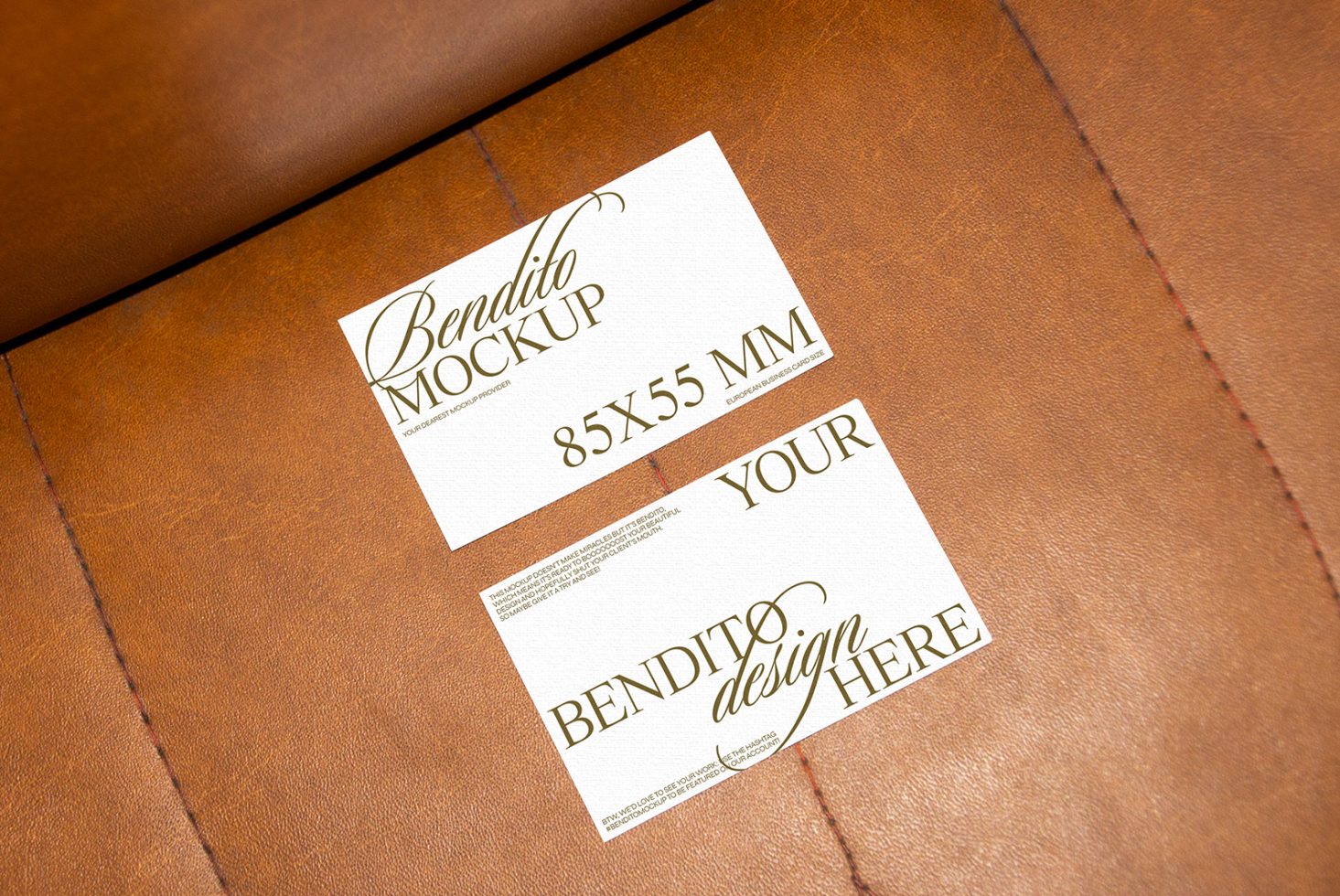 Elegant business card mockup on brown leather surface for showcasing design portfolio, ideal for graphic designers and branding projects.