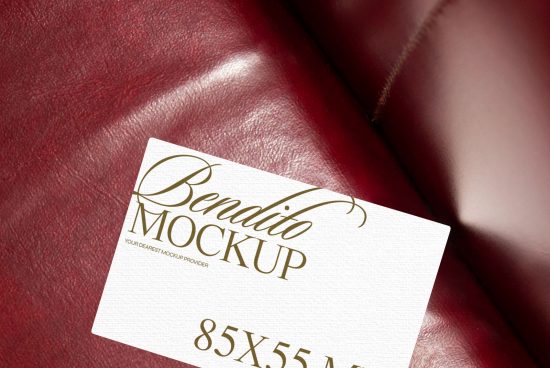 Elegant business card mockup on a red leather surface, showcasing a classic design for presentation and branding.