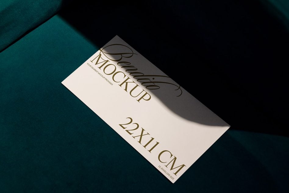 DL envelope mockup angled on deep teal background with side lighting