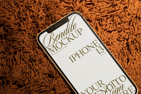 Smartphone screen mockup for iPhone 13 on textured background, showcasing elegant script typeface, ideal for designers creating app interfaces.