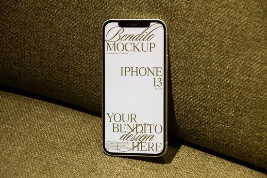 iPhone 13 mockup on textured fabric, showcasing screen for design presentation, ideal for digital mockups, realistic smartphone display.