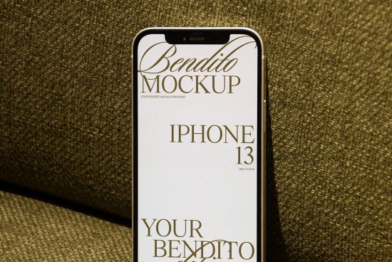 Smartphone screen mockup showing Bendito design on iPhone 13, suitable for graphic presentation, on textured background, digital assets.