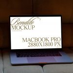Laptop on sofa displaying script font for MacBook Pro mockup with dimensions 2880x1800 px, perfect for digital design presentations.