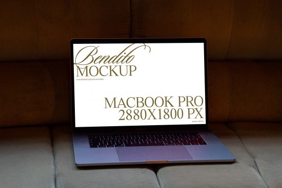 Laptop on sofa displaying script font for MacBook Pro mockup with dimensions 2880x1800 px, perfect for digital design presentations.