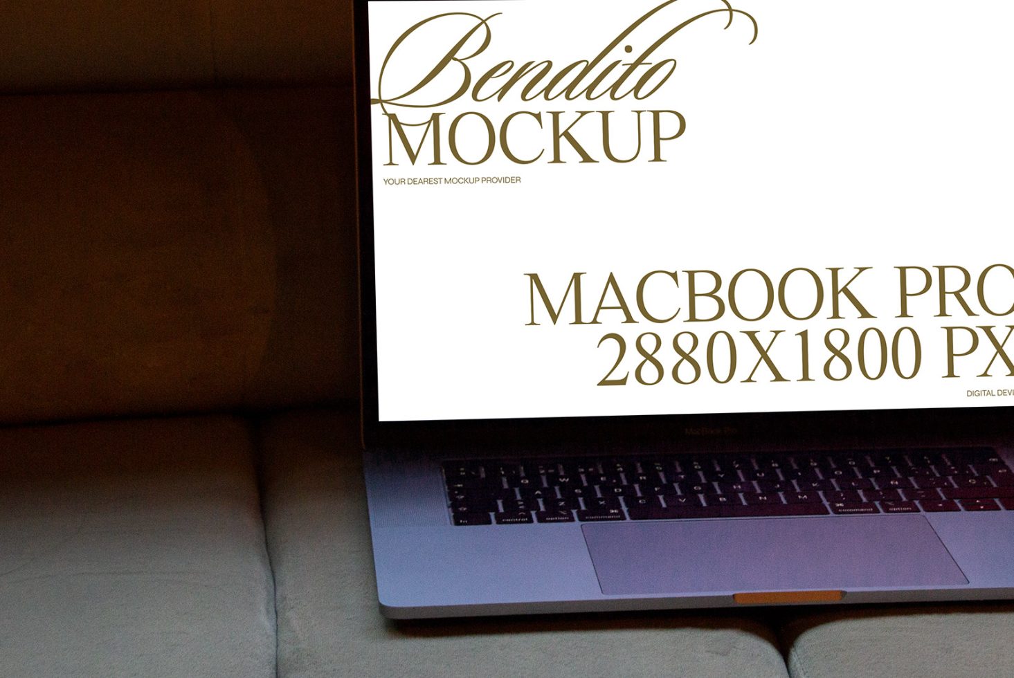 Laptop screen displaying "Bendito Mockup" text, ideal for showcasing design work in a professional mockup template for digital assets.