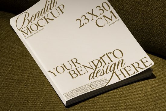 Elegant magazine mockup on textured fabric showcasing customizable cover design with calligraphy, 23x30 cm size, ideal for designers' presentations.