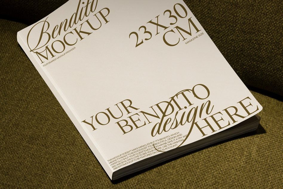 Stacked magazine mockup 23x30cm on olive green fabric surface