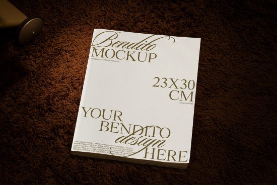 Elegant magazine mockup on brown carpet showcasing customizable cover design, size 23x30 cm, perfect for designers' presentations and portfolios.