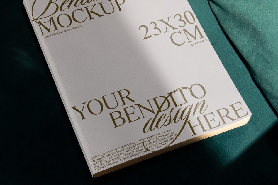 23x30cm magazine mockup on teal cushion with gold foil text detailing