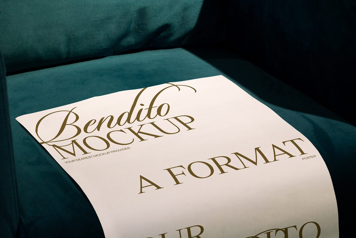 Elegant poster mockup on blue fabric showcasing cursive font design, ideal for designers seeking high-quality presentation graphics.