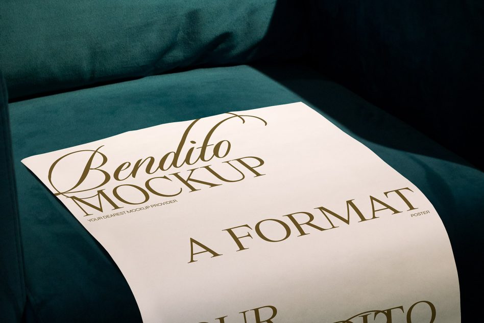 Magazine mockup draped on teal armchair displaying minimalist layout design