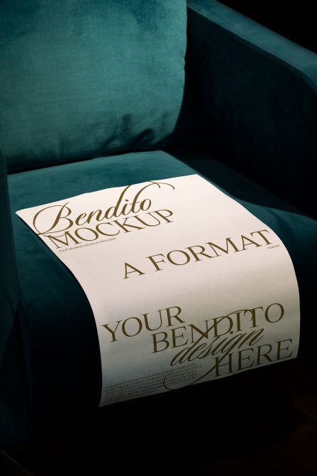 Curved poster mockup on teal velvet chair with elegant script typography