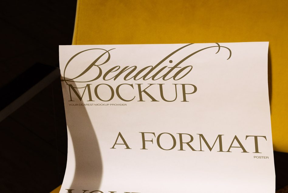 Large format poster mockup bent against bright yellow surface showing texture