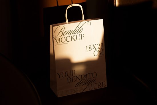 Elegant paper bag mockup with customizable design space in moody lighting, perfect for showcasing branding designs and logos.