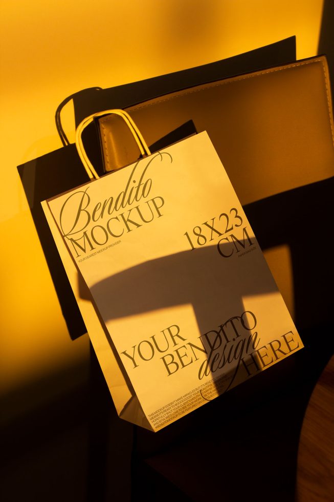 Elegant paper bag mockup in warm lighting, showcasing customizable design space for branding, suitable for designers' presentations and portfolios.