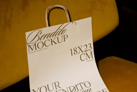 Elegant paper bag mockup design template featuring cursive fonts, ideal for presentations and branding mockups, on a warm backdrop.