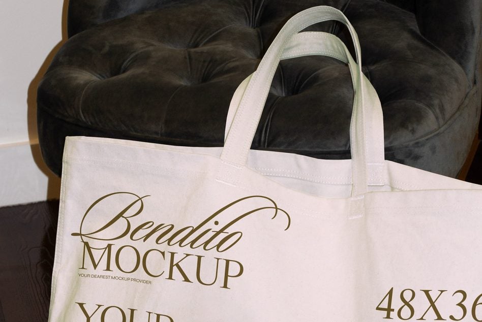 Cream tote with gold script logo positioned against black quilted furniture