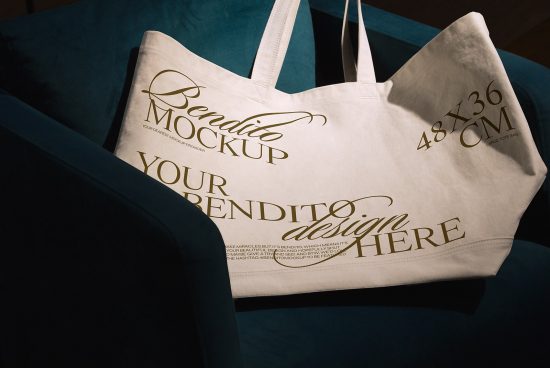 Elegant tote bag mockup on blue chair for fashion branding designs, showcasing custom text in gold font, ideal for graphic designers.