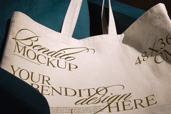 Elegant tote bag mockup showing customizable design area with stylish script font, positioned against a dark background, ideal for presentations.