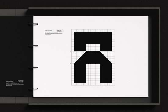 Minimalist black and white graphic design of a pixelated symbol on paper, displayed in a portfolio binder, modern clean layout for branding mockups.