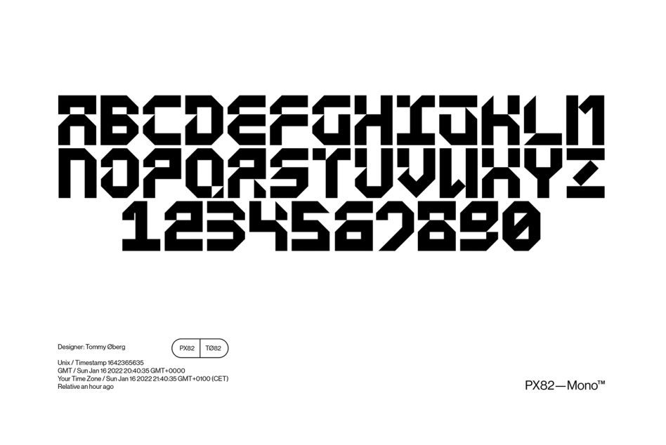 Bold monochrome pixelated font design featuring alphabet and numerals, titled PX82_Mono, by Tommy Öberg, for graphic and web designers.