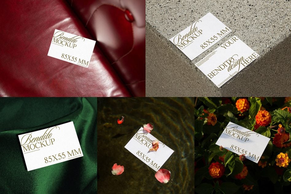 Business cards on leather, concrete, flowers in styled flat lay compositions
