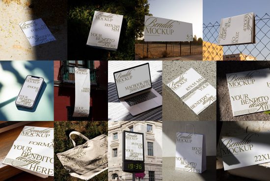 Collection of realistic mockup templates for branding and advertising displayed in various settings: outdoor signs, book covers, bags, digital devices.