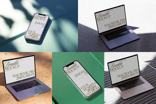 Professional MacBook Pro and iPhone mockups in various lighting and surface scenarios for device showcasing, ideal for designers presentations.