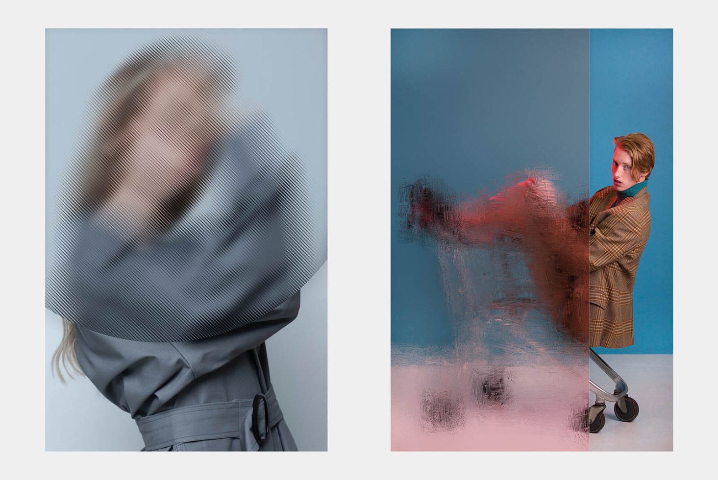 Abstract art and fashion photography diptych with blurred and distorted female figure on the left and male model with paint overlay on the right.