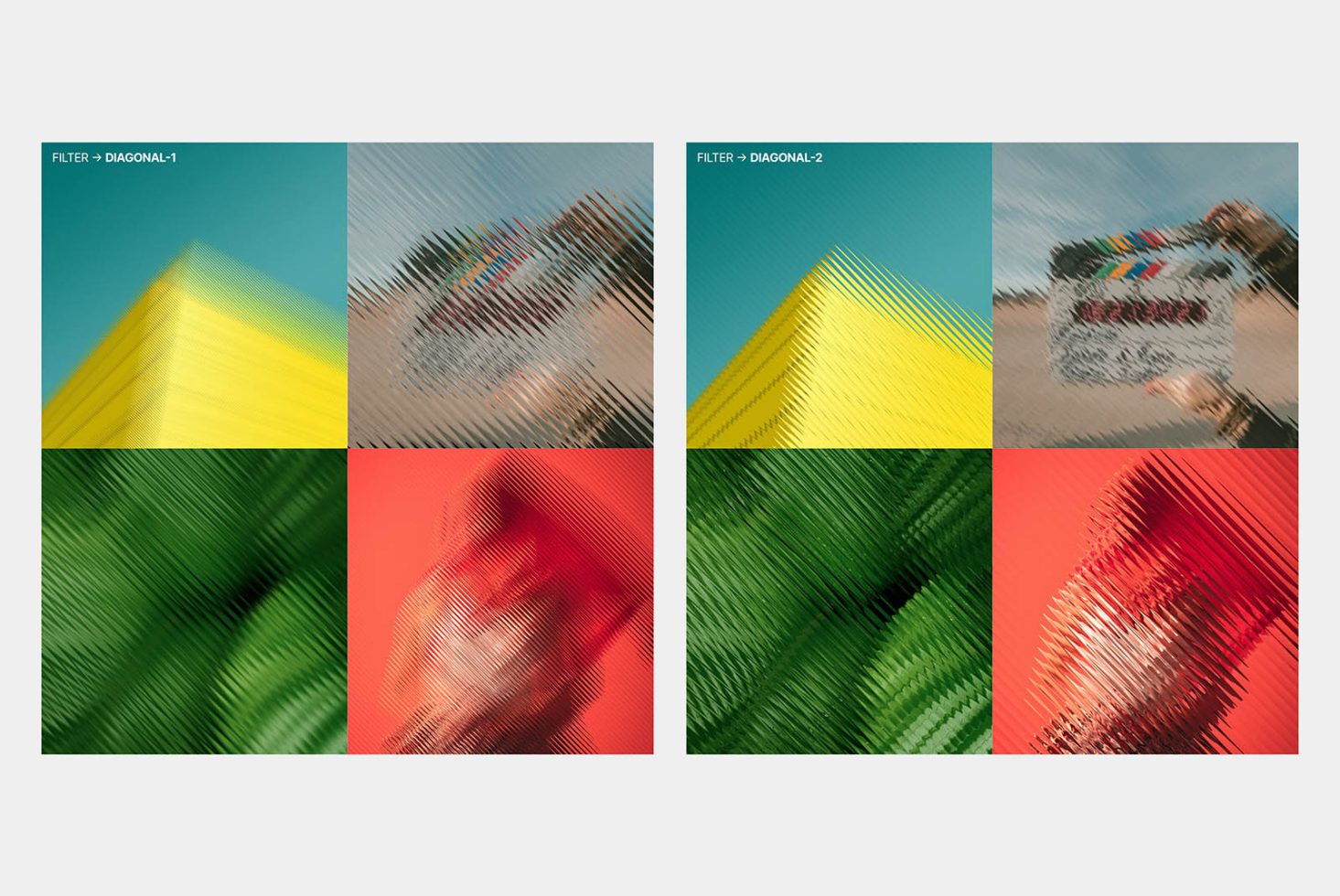 Colorful abstract diagonal filter effects graphics set for design mockups, featuring blurring and texture overlays on images.