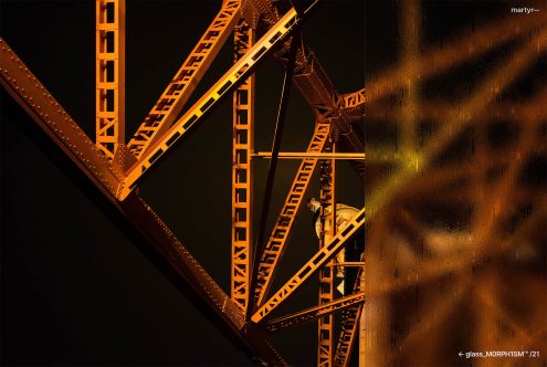 Industrial bridge structure with orange metal beams and geometric shadows, suitable for mockup design or architectural graphics.