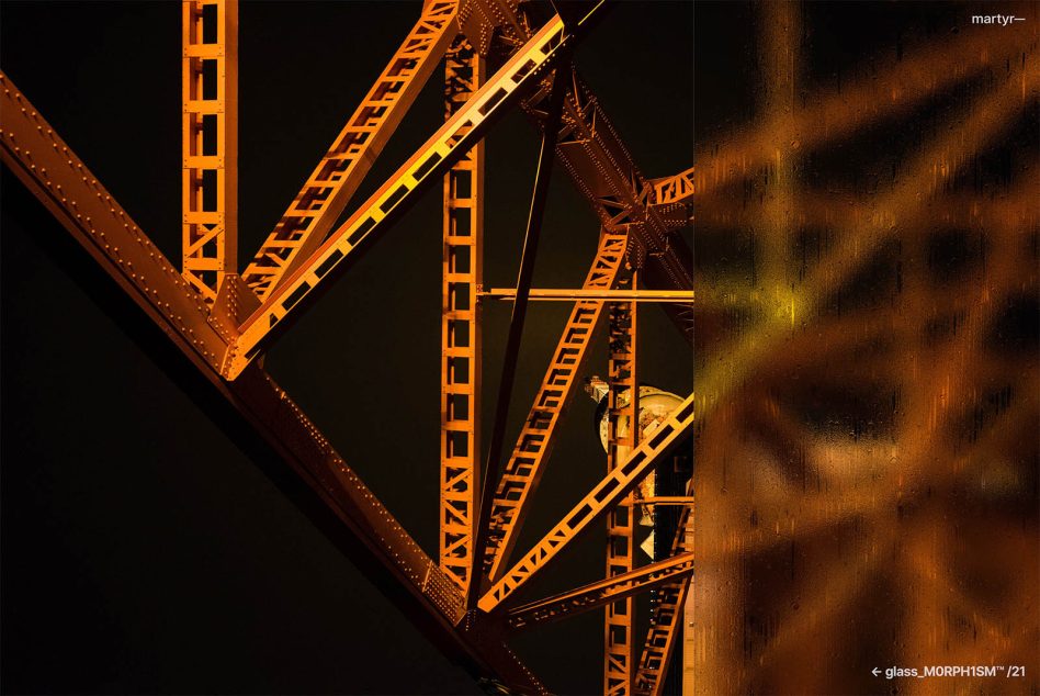 Industrial bridge structure with orange metal beams and geometric shadows, suitable for mockup design or architectural graphics.