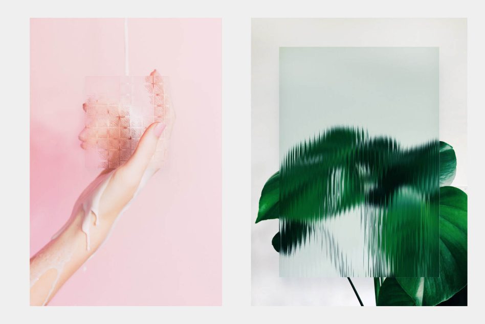 Hand holding translucent geometric grid structure on pink with green leaf glitch effect