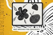 Procreate brush set with inky botanical drawings of flowers, berries, leaves