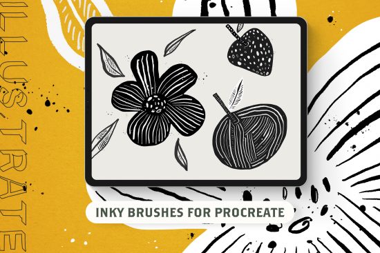 Digital drawing of flowers and fruit on a tablet showcasing inky brushes for Procreate alongside artistic splashes and strokes.