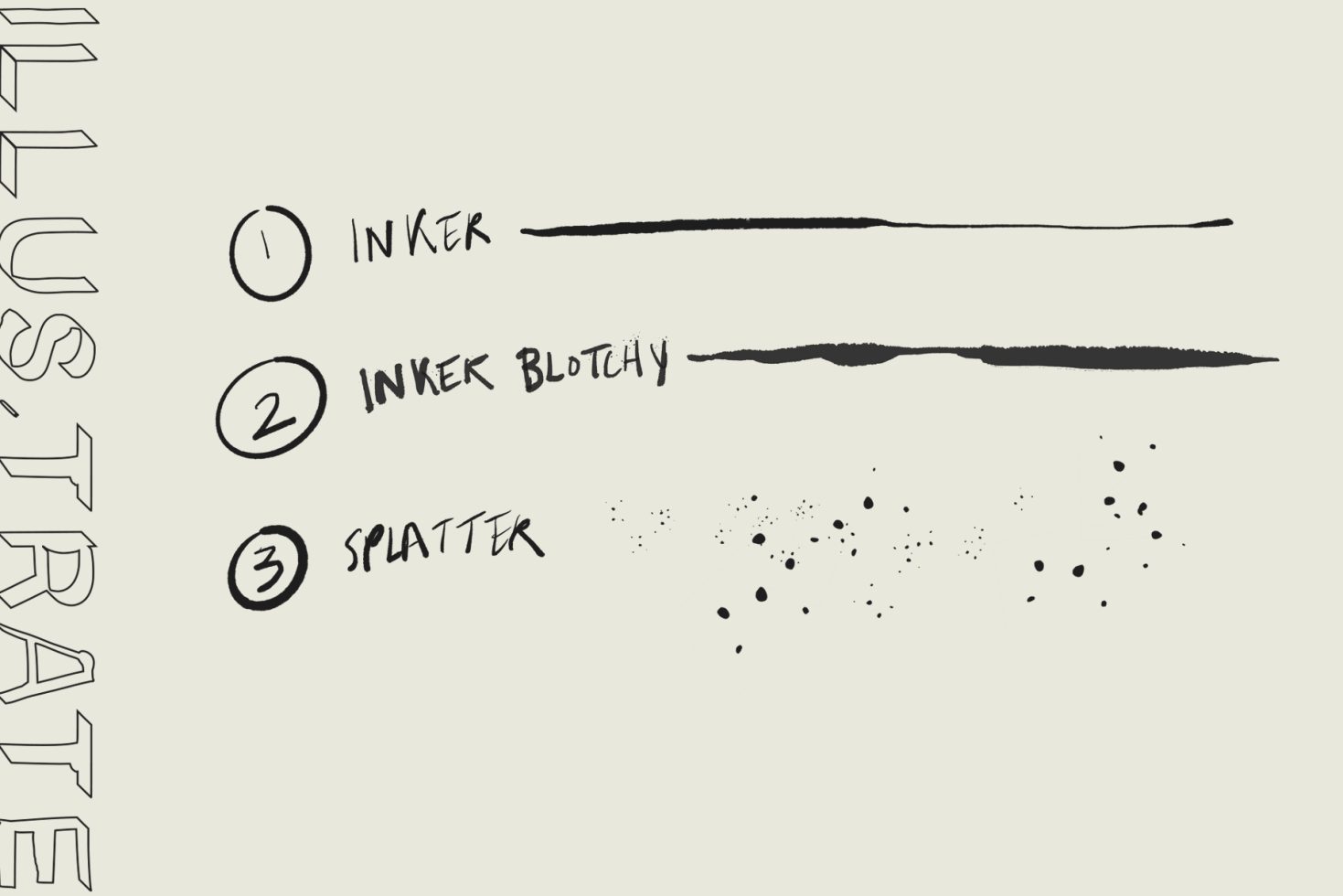 Illustration of brush strokes labeled inker, inker blotchy, and splatter, ideal for mockups and graphic design elements.