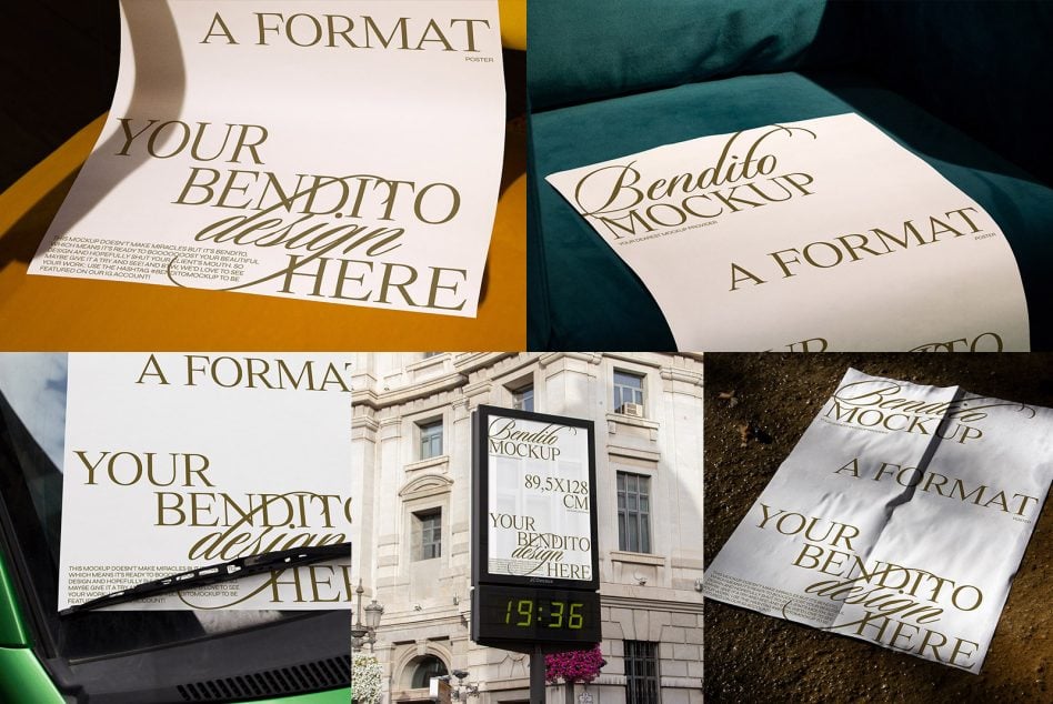 Bendito mockup collection showing posters, tote bags, signage in multiple settings