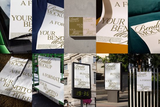 Collage of outdoor poster mockups in various urban settings for showcasing graphic design work, editable for personalization.