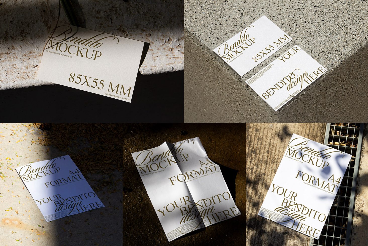 Elegant business card mockups in different lighting and textures, showcasing design space for branding graphics, perfect for designers and templates.