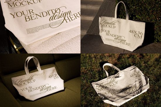 Collage of tote bag mockups in various settings, ideal for showcasing custom designs, textures, branding, perfect for graphics and templates.