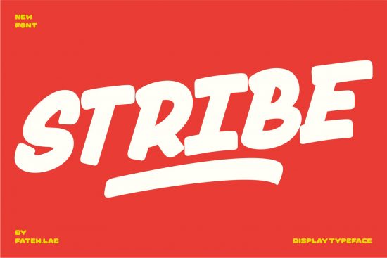 Bold white display typeface STRIBE on red background, new modern font design by Fateh.Lab, creative typography for graphic design.