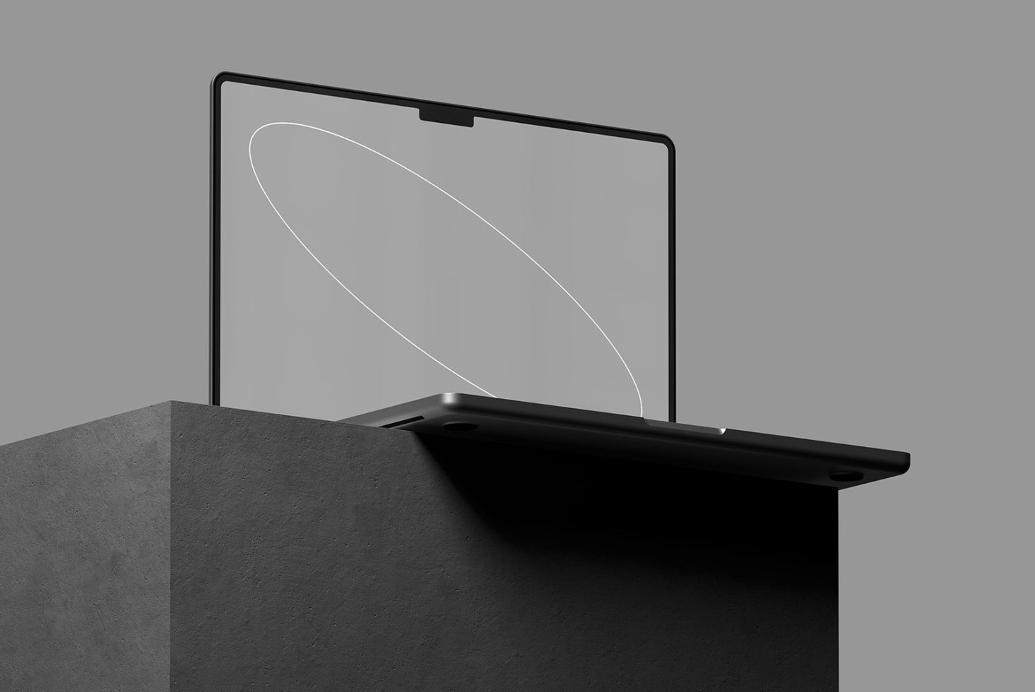 Laptop mockup on a minimalist pedestal against a gray background. Ideal for showcasing digital designs, templates or graphics. Perfect for designers.