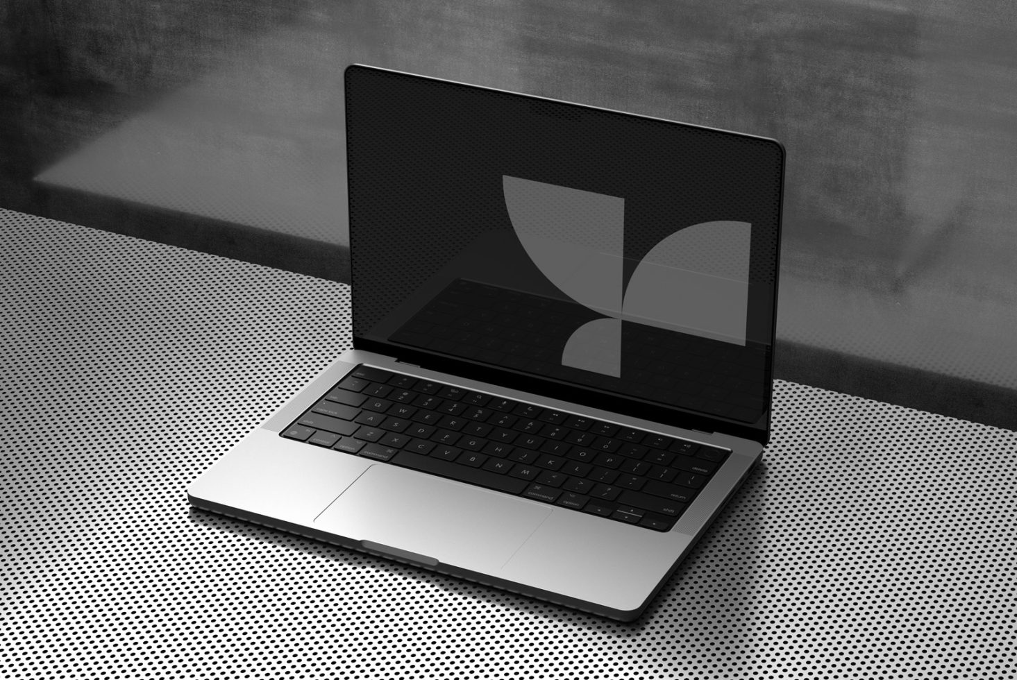 Modern laptop on dotted surface with sleek design, ideal for Mockups, device Templates, digital Graphics presentations, web design showcase.