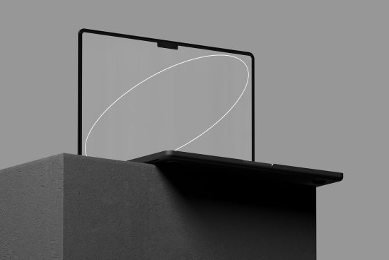 Minimalistic laptop mockup on a gray podium with a sleek design, ideal for product display and digital asset presentations in a modern, elegant style.
