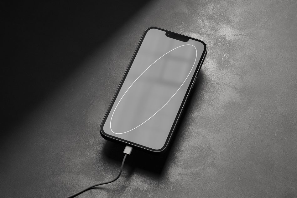 Smartphone mockup on textured surface with charging cable, ideal for presenting app designs and interfaces, modern and professional.