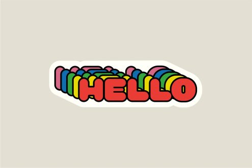 Colorful stacked letters spelling hello with bold black outline on cream sticker