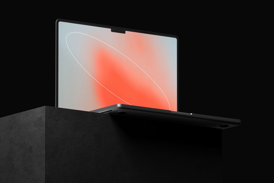 Modern laptop mockup on black pedestal with minimalist design. Perfect for presenting digital assets for designers. Keywords: laptop, mockup, digital design.