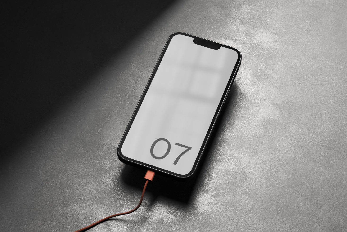 Smartphone mockup with blank screen on textured background, charging with orange cable, ideal for app design display.
